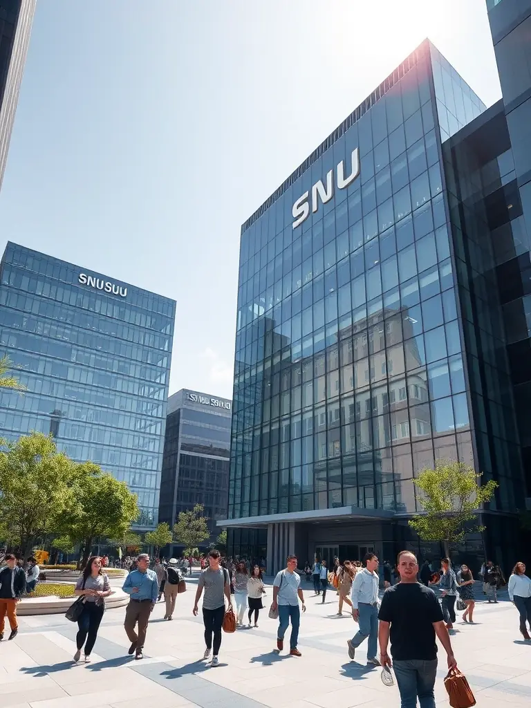 A photograph showcasing the SNU Group headquarters, emphasizing its scale and resources, with a focus on the modern architecture and bustling environment to convey a sense of innovation and activity.