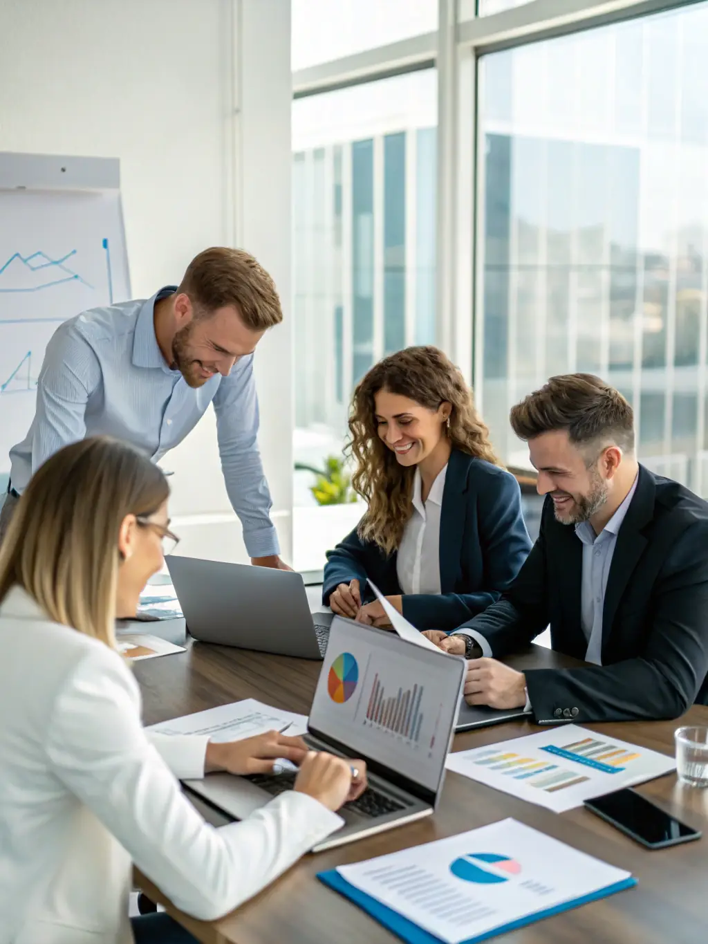 A well-organized office space with charts and graphs displayed on monitors, representing asset management, with a team of professionals analyzing data.