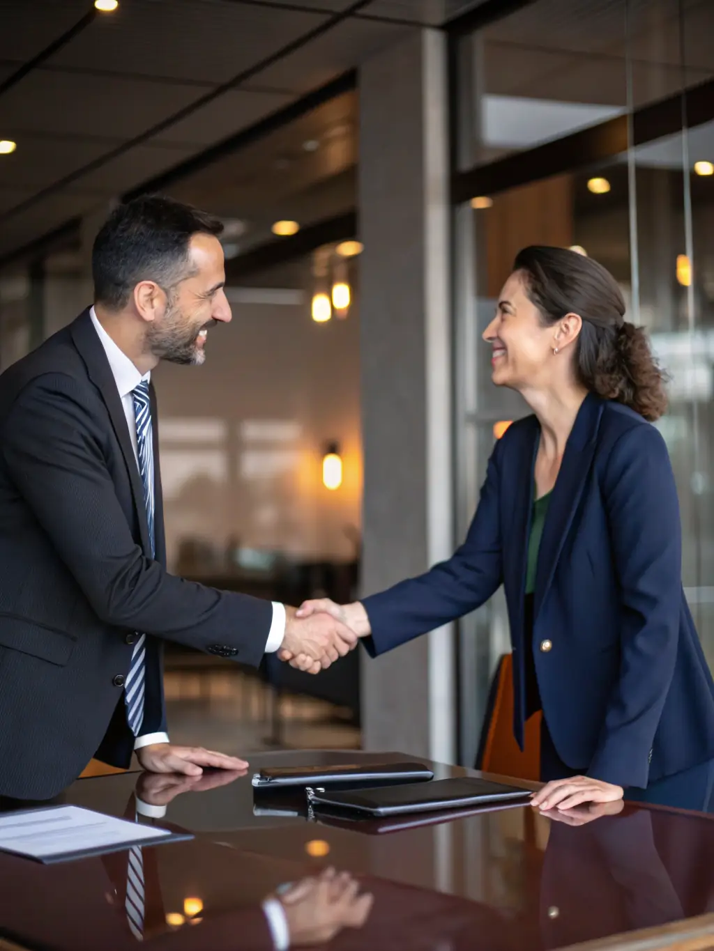 A group of investors shaking hands in a modern office, symbolizing private equity investments, with financial documents and tablets on the table.