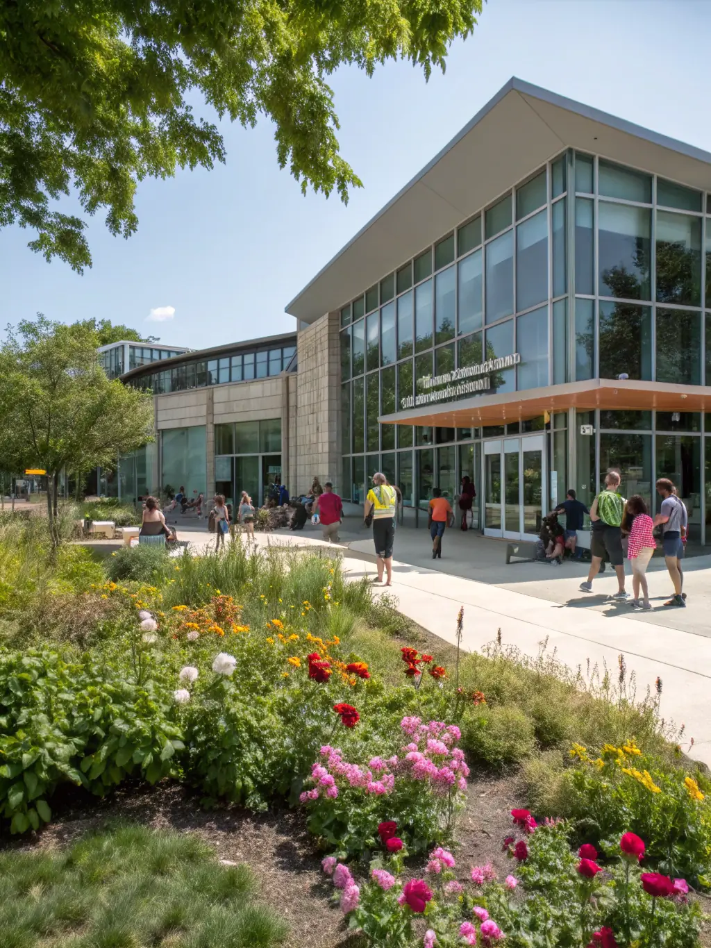 A vibrant cultural center with unique architectural design, showcasing cultural and creative industrial real estate, with people enjoying the space.