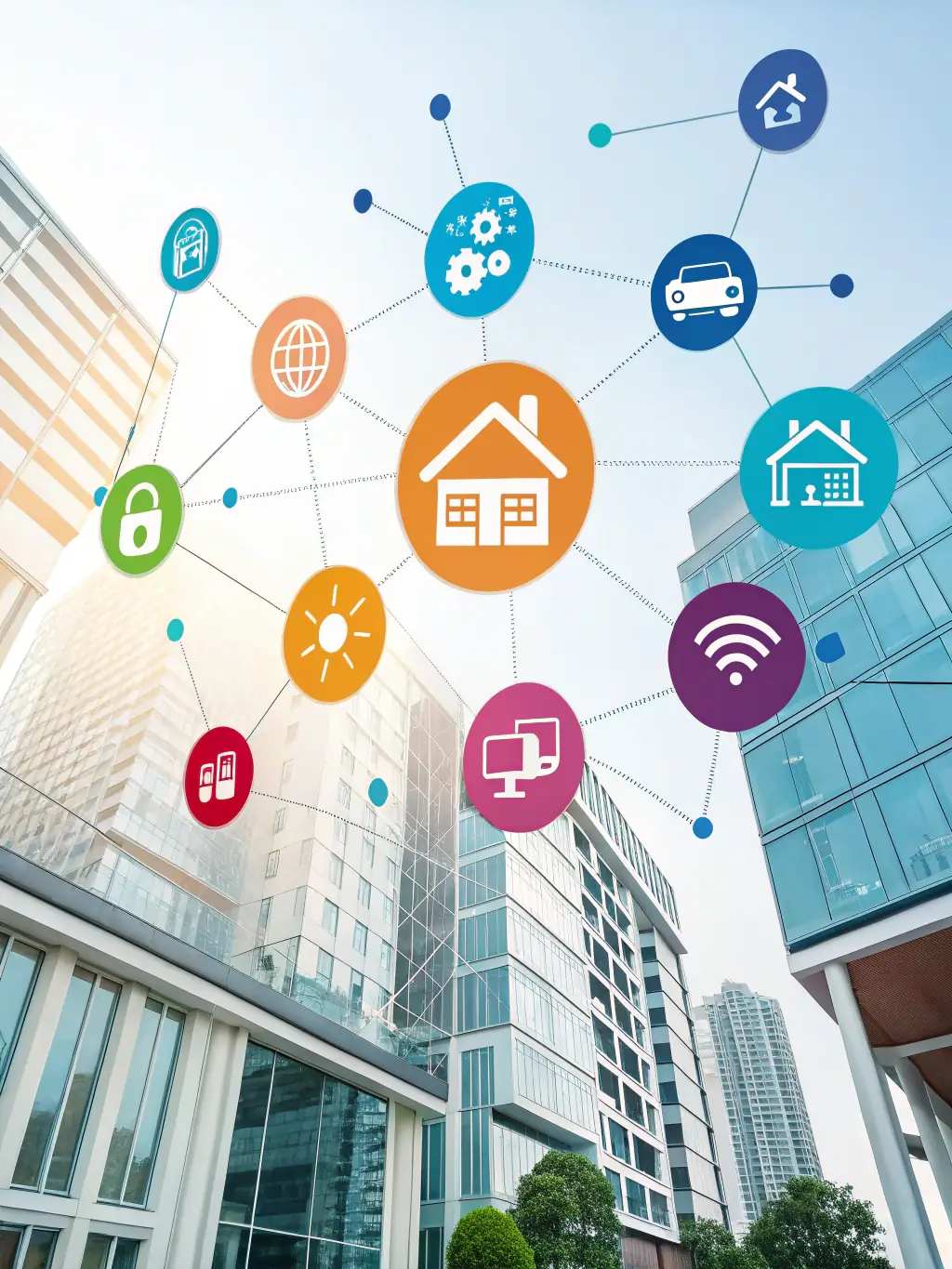 A visual representation of a comprehensive value chain analysis, showing the integration of real estate and finance, with icons representing key processes and data points.