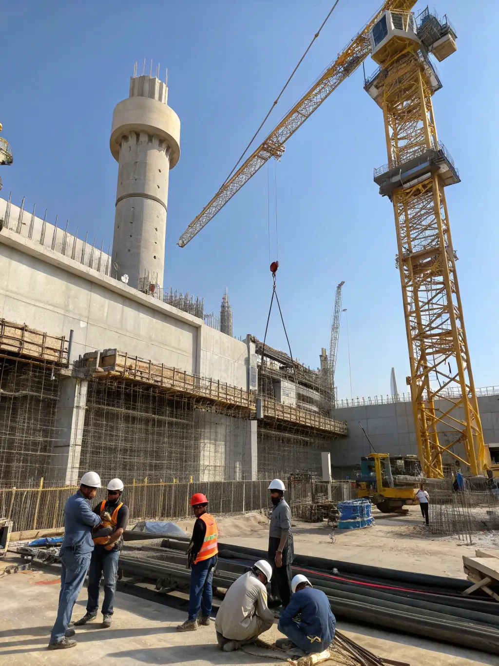 A modern construction site with cranes and ongoing building activity, symbolizing real estate development, set against a clear blue sky.