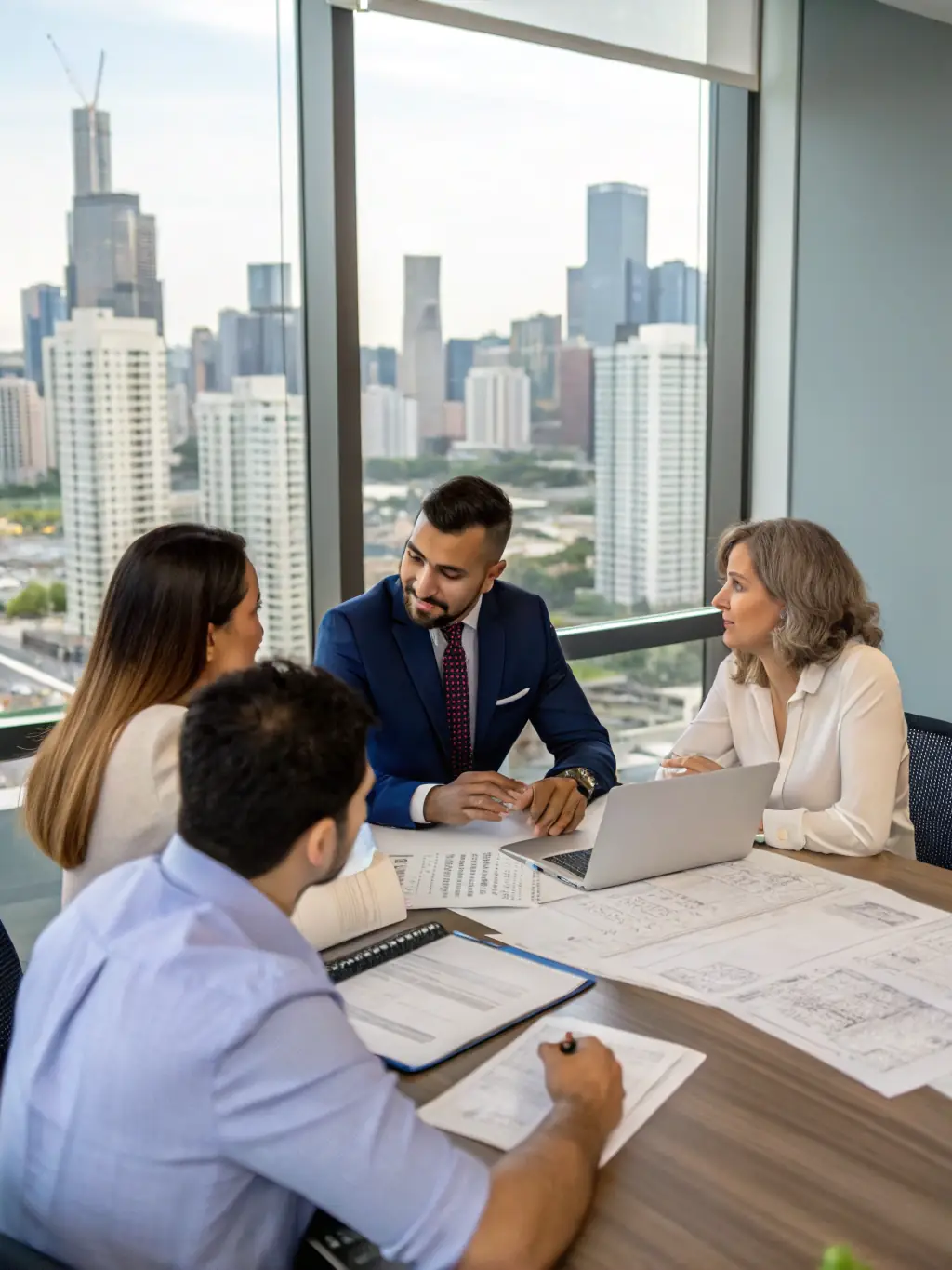 A diverse team of financial analysts and real estate experts collaborating in a modern office setting, highlighting their expertise and teamwork.